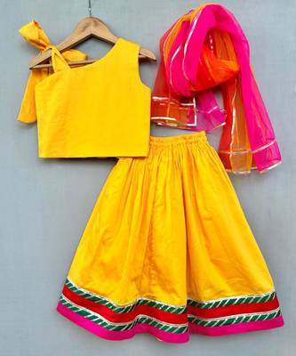 Floral & pearl embroidered top with matching lehenga in yellow for girls 3