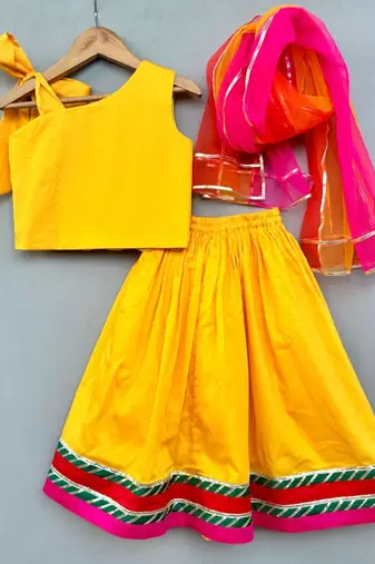 Floral & pearl embroidered top with matching lehenga in yellow for girls