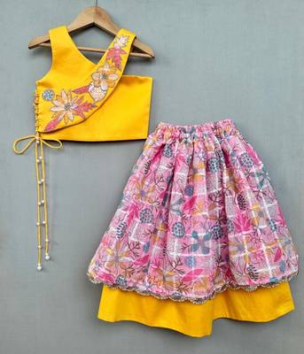 Trendy top with floral applique embroidery and matching pink lehenga for girls 1