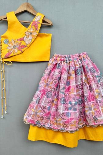 Trendy top with floral applique embroidery and matching pink lehenga for girls