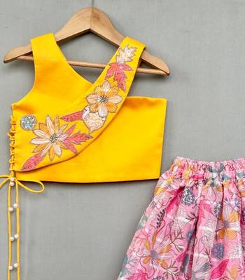 Trendy top with floral applique embroidery and matching pink lehenga for girls 2