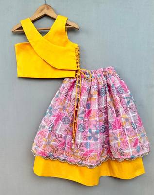Trendy top with floral applique embroidery and matching pink lehenga for girls 3