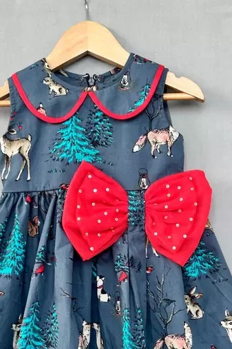 Woodland print grey dress with bow for girls