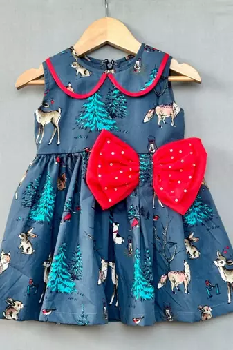 Woodland print grey dress with bow for girls