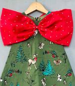 Animal printed green aline dress with big red bow for girls