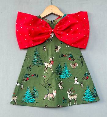 Animal printed green aline dress with big red bow for girls 2