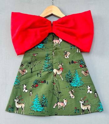Animal printed green aline dress with big red bow for girls 3