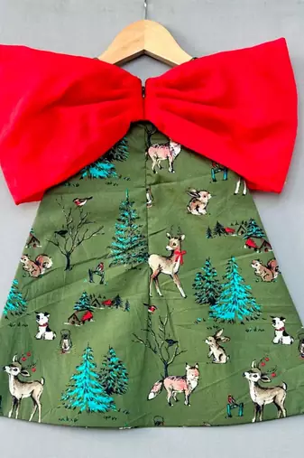 Animal printed green aline dress with big red bow for girls