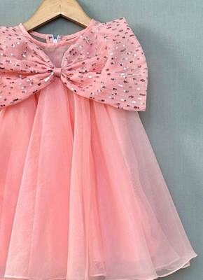 Peach organza dress with big sequin bow for girls 1