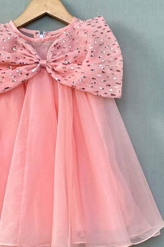 Peach organza dress with big sequin bow for girls