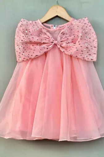 Peach organza dress with big sequin bow for girls