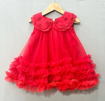 Red scalloped embroidered collar net tulle dress for girls 1