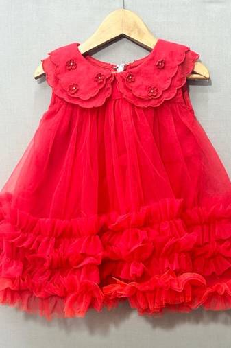 Red scalloped embroidered collar net tulle dress for girls