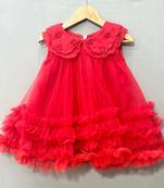 Red scalloped embroidered collar net tulle dress for girls