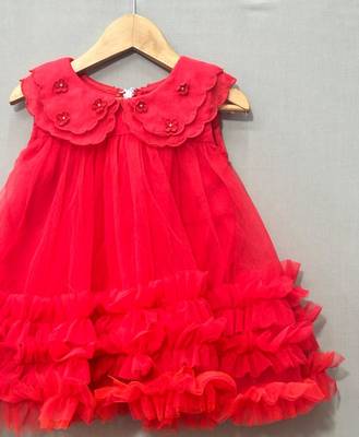 Red scalloped embroidered collar net tulle dress for girls 2