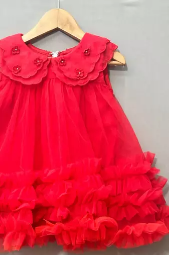 Red scalloped embroidered collar net tulle dress for girls
