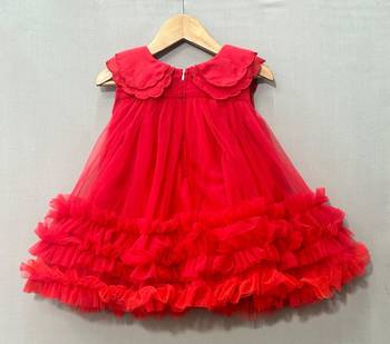 Red scalloped embroidered collar net tulle dress for girls 3