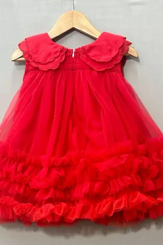 Red scalloped embroidered collar net tulle dress for girls