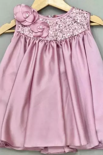 English pink satin dress with sequin yoke for girls