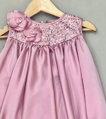 English pink satin dress with sequin yoke for girls 2