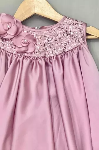 English pink satin dress with sequin yoke for girls