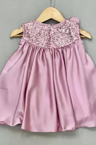 English pink satin dress with sequin yoke for girls