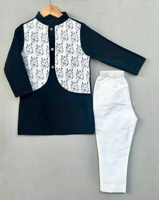 Tiger printed attached nehru jacket with kurta & pants for boys 1
