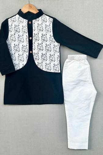Tiger printed attached nehru jacket with kurta & pants for boys
