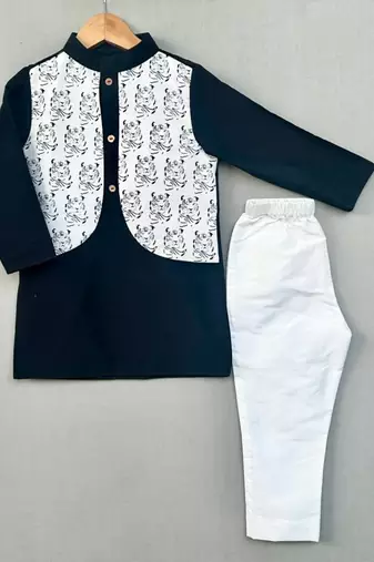 Tiger printed attached nehru jacket with kurta & pants for boys