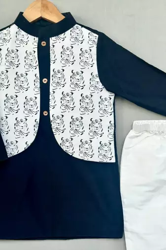 Tiger printed attached nehru jacket with kurta & pants for boys
