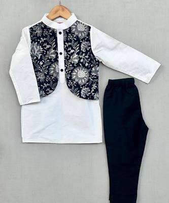 Floral printed attached nehru jacket with kurta & pants for boys 1