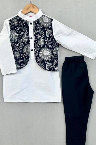 Floral printed attached nehru jacket with kurta & pants for boys