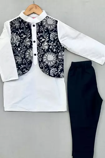Floral printed attached nehru jacket with kurta & pants for boys