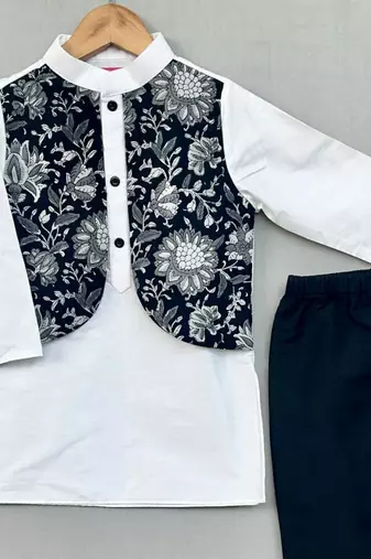 Floral printed attached nehru jacket with kurta & pants for boys