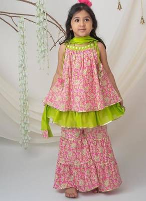 Pink & green cotton sharara set with dupatta for girls 1