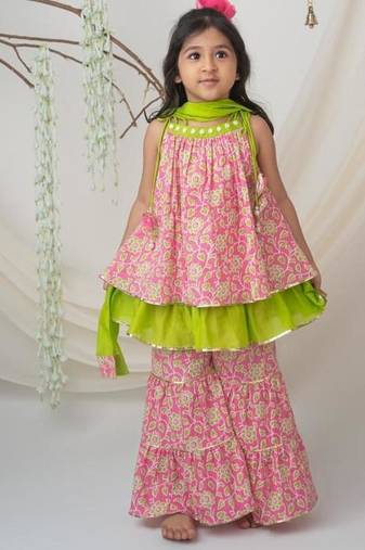 Pink & green cotton sharara set with dupatta for girls