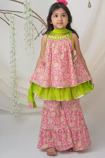 Pink & green cotton sharara set with dupatta for girls