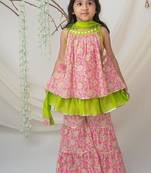 Pink & green cotton sharara set with dupatta for girls