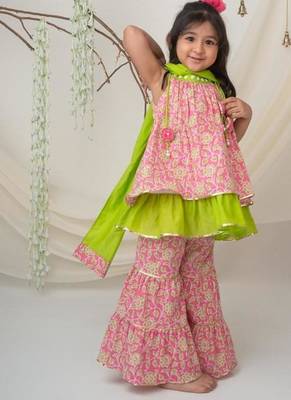 Pink & green cotton sharara set with dupatta for girls 2