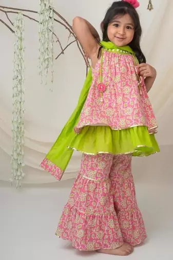 Pink & green cotton sharara set with dupatta for girls