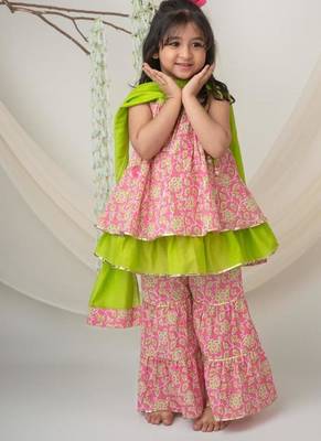 Pink & green cotton sharara set with dupatta for girls 3