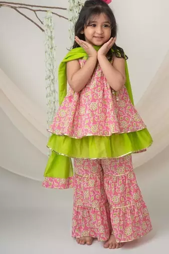 Pink & green cotton sharara set with dupatta for girls