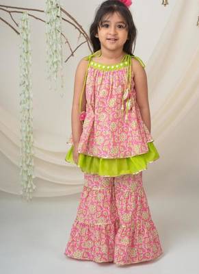 Pink & green cotton sharara set with dupatta for girls 4