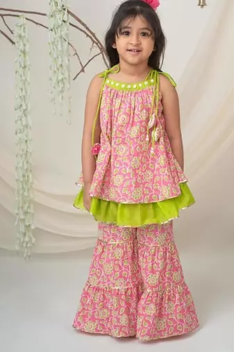Pink & green cotton sharara set with dupatta for girls