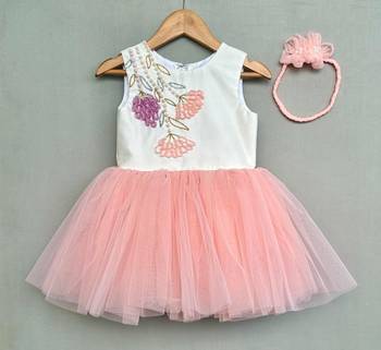 Floral hand embroidered dress with hairband for girls 1