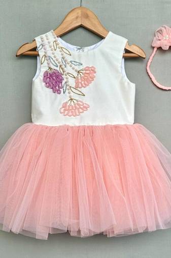 Floral hand embroidered dress with hairband for girls