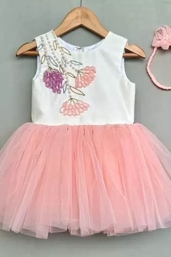 Floral hand embroidered dress with hairband for girls