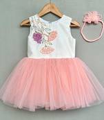 Floral hand embroidered dress with hairband for girls