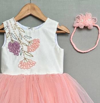 Floral hand embroidered dress with hairband for girls 2