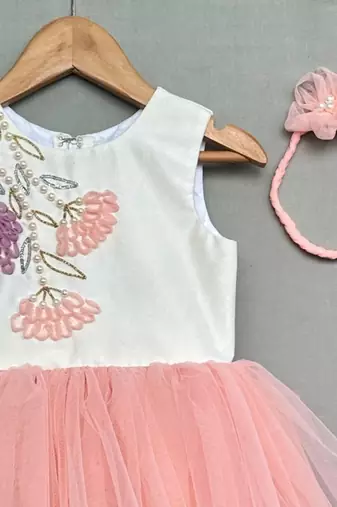 Floral hand embroidered dress with hairband for girls